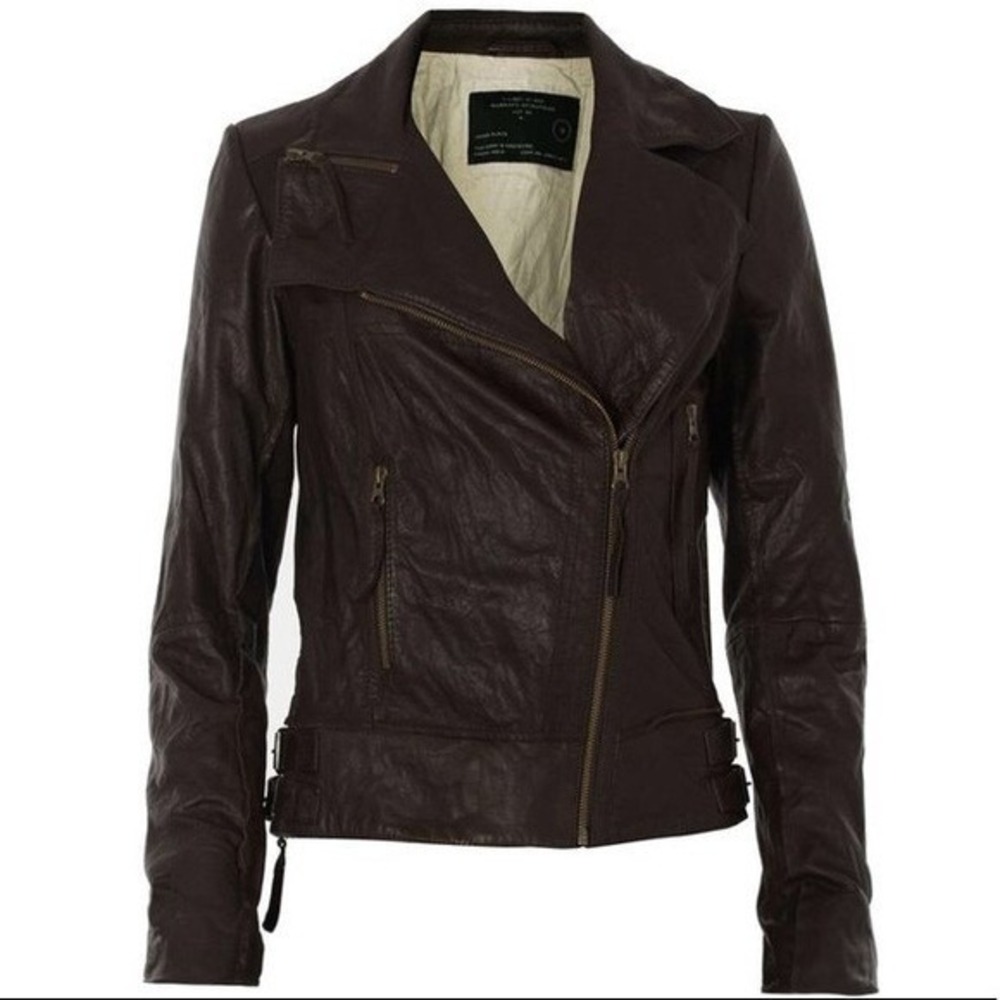 AllSaints Brown‎ Leather Lana Moto Biker Jacket Size 12